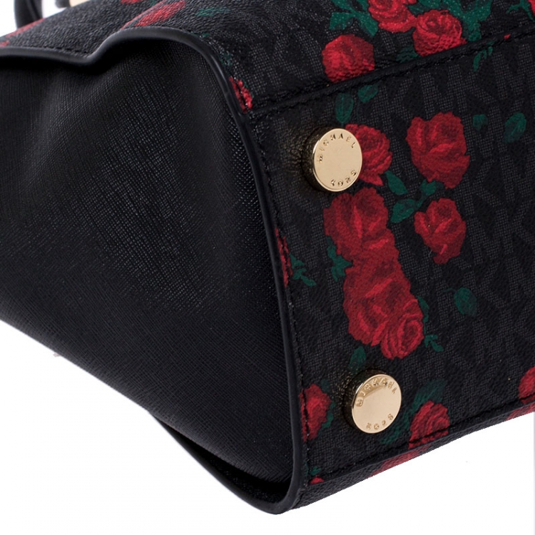 Pre Owned MICHAEL Michael Kors Black/Red Rose Printed Signature Leather Medium Selma Tote