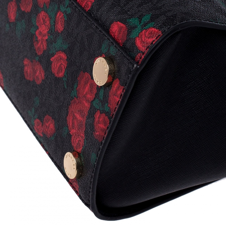 Pre Owned MICHAEL Michael Kors Black/Red Rose Printed Signature Leather Medium Selma Tote