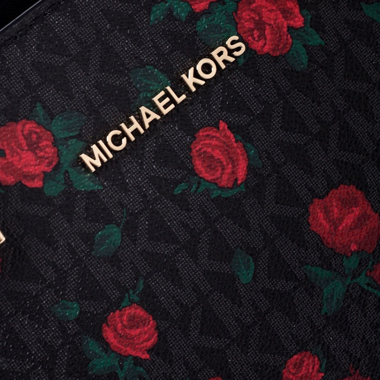 Pre Owned MICHAEL Michael Kors Black/Red Rose Printed Signature Leather Medium Selma Tote