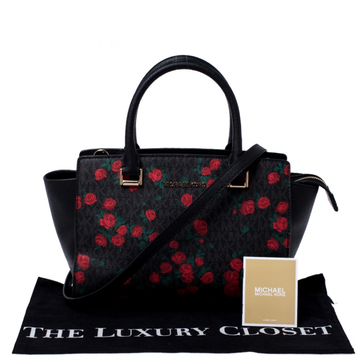 Pre Owned MICHAEL Michael Kors Black/Red Rose Printed Signature Leather Medium Selma Tote