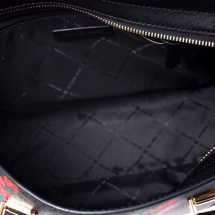 Pre Owned MICHAEL Michael Kors Black/Red Rose Printed Signature Leather Medium Selma Tote