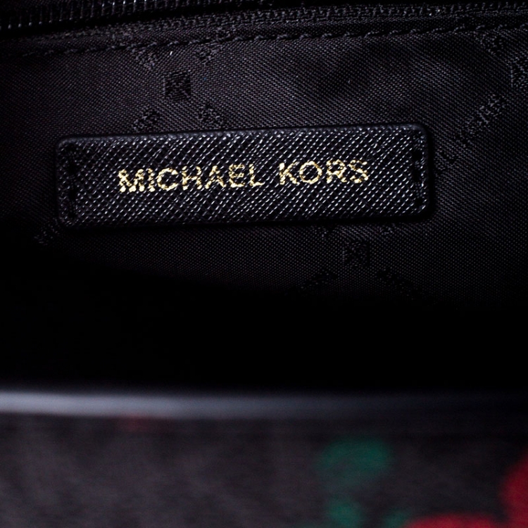 Pre Owned MICHAEL Michael Kors Black/Red Rose Printed Signature Leather Medium Selma Tote