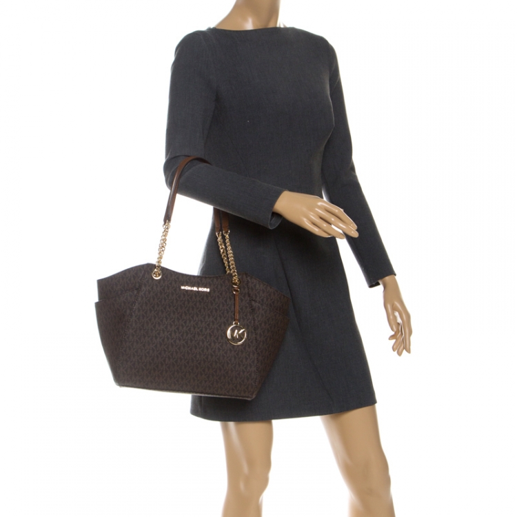 Pre Owned Michael Kors Brown Coated Canvas Jet Set Travel Satchel
