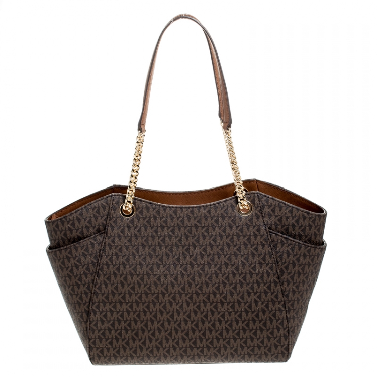 Pre Owned Michael Kors Brown Coated Canvas Jet Set Travel Satchel