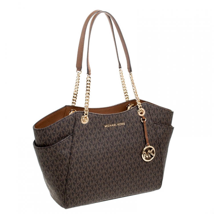 Pre Owned Michael Kors Brown Coated Canvas Jet Set Travel Satchel