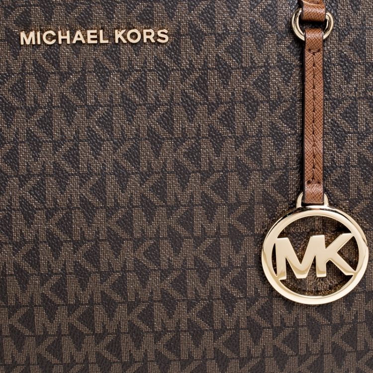Pre Owned Michael Kors Brown Coated Canvas Jet Set Travel Satchel
