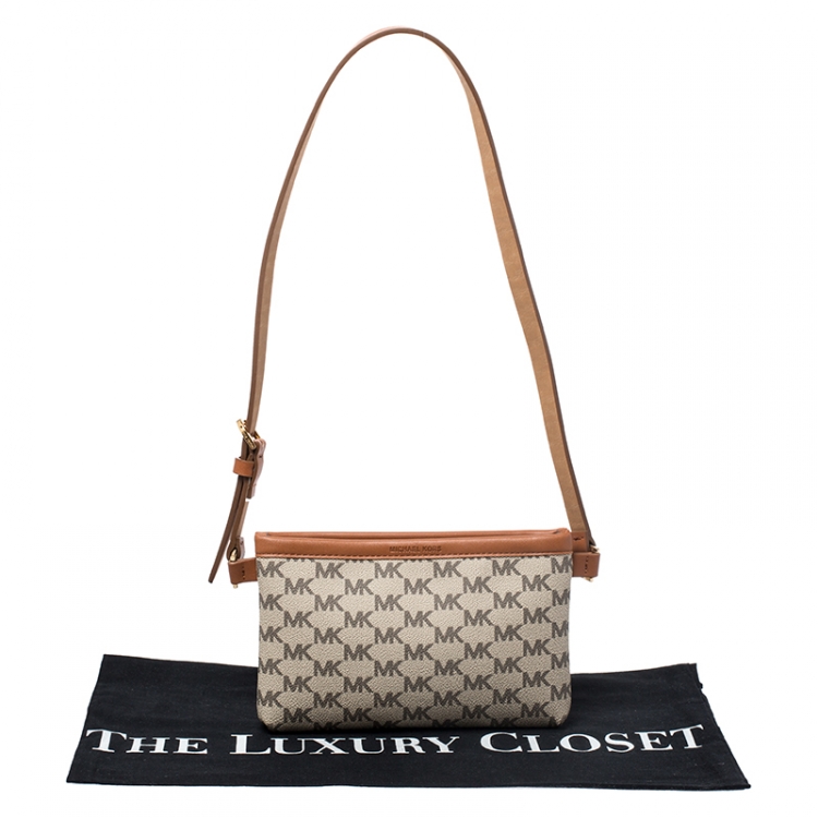 Pre Owned MICHAEL Michael Kors Beige/Tan Signature Coated Canvas and Leather Belt Bag