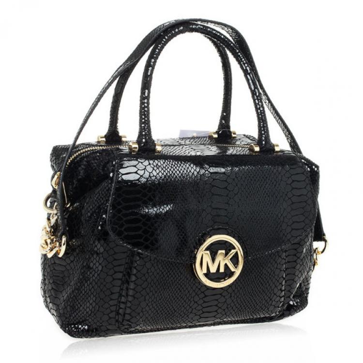 Pre Owned MICHAEL Michael Kors Black Python Embossed Fulton Satchel