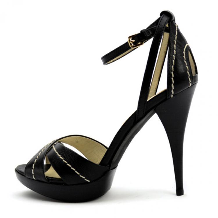 Pre Owned MICHAEL Michael Kors Black Leather Eleni Platform Ankle Strap Sandals Size 37.5