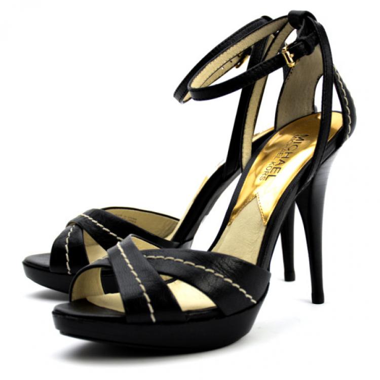 Pre Owned MICHAEL Michael Kors Black Leather Eleni Platform Ankle Strap Sandals Size 37.5
