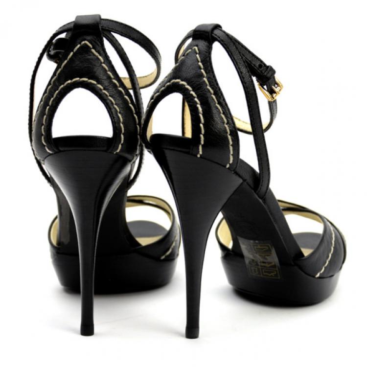 Pre Owned MICHAEL Michael Kors Black Leather Eleni Platform Ankle Strap Sandals Size 37.5
