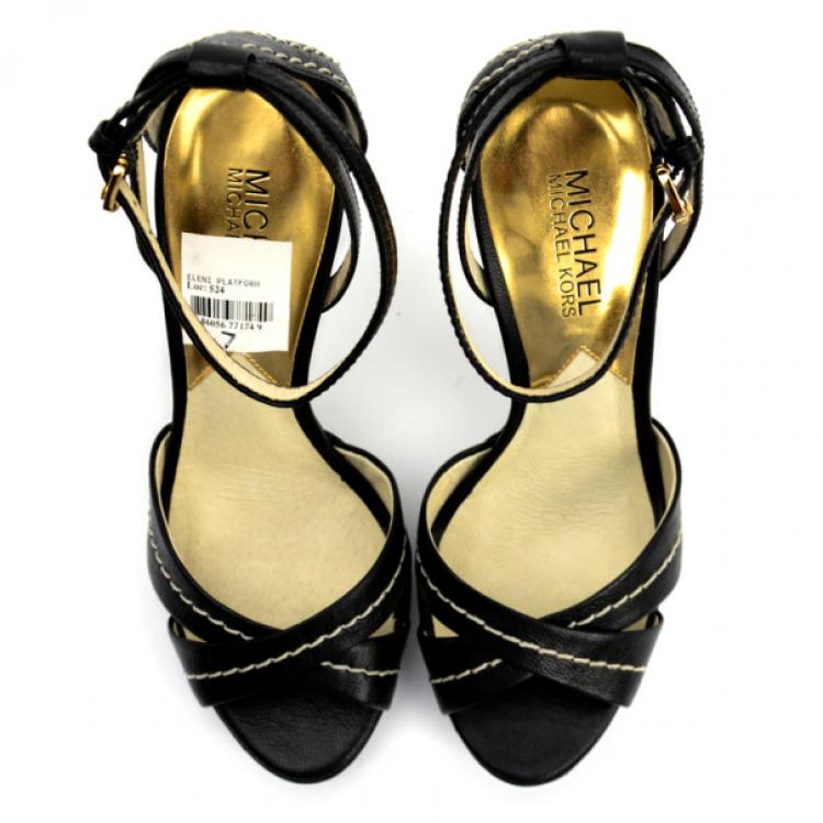 Pre Owned MICHAEL Michael Kors Black Leather Eleni Platform Ankle Strap Sandals Size 37.5