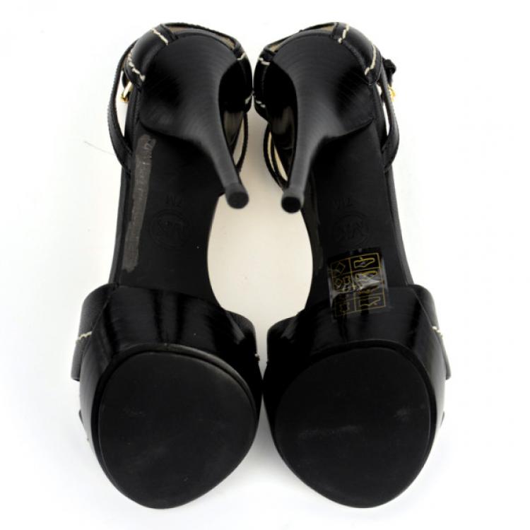 Pre Owned MICHAEL Michael Kors Black Leather Eleni Platform Ankle Strap Sandals Size 37.5