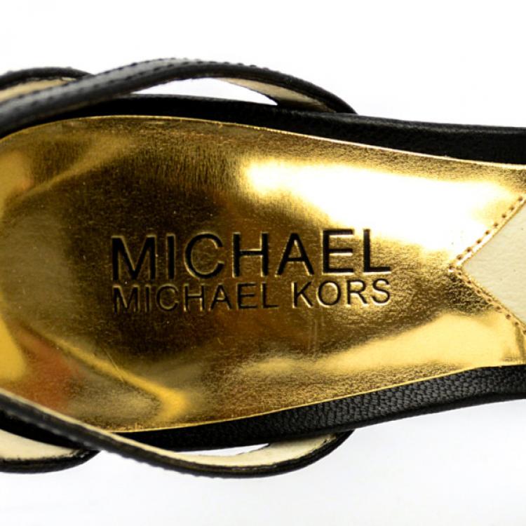 Pre Owned MICHAEL Michael Kors Black Leather Eleni Platform Ankle Strap Sandals Size 37.5