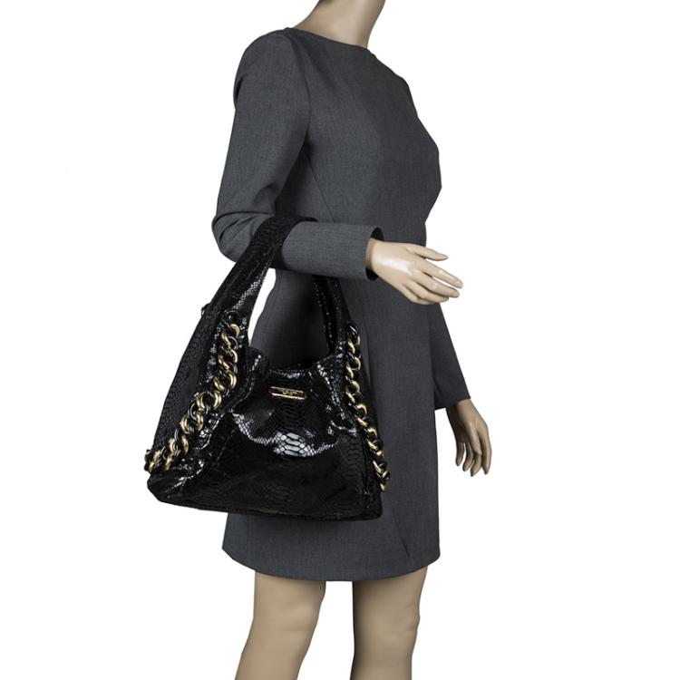Pre Owned Michael Michael Kors Black Python Embossed Suede ID Chain Hobo