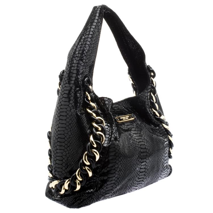 Pre Owned Michael Michael Kors Black Python Embossed Suede ID Chain Hobo