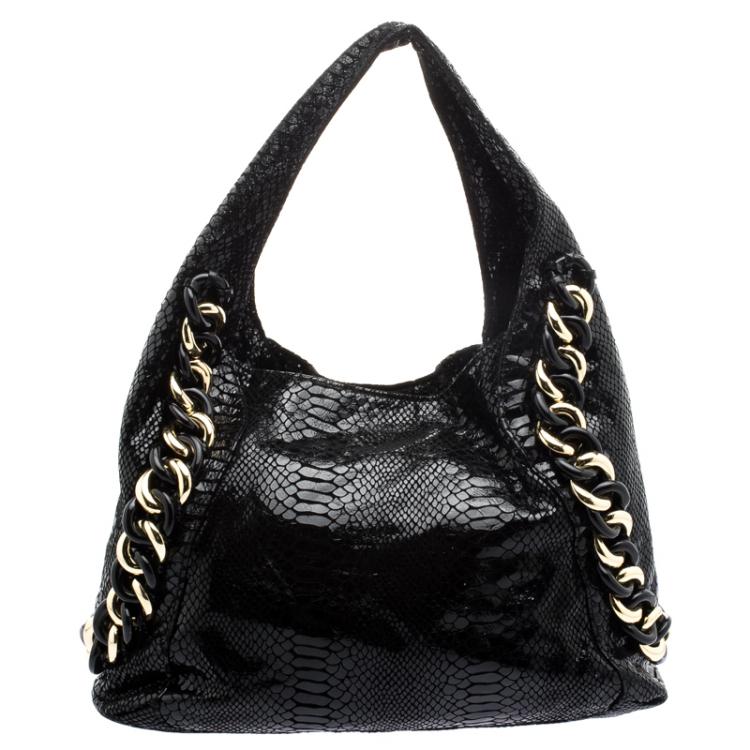 Pre Owned Michael Michael Kors Black Python Embossed Suede ID Chain Hobo