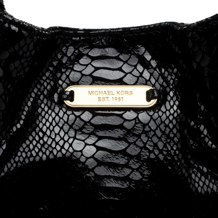 Pre Owned Michael Michael Kors Black Python Embossed Suede ID Chain Hobo