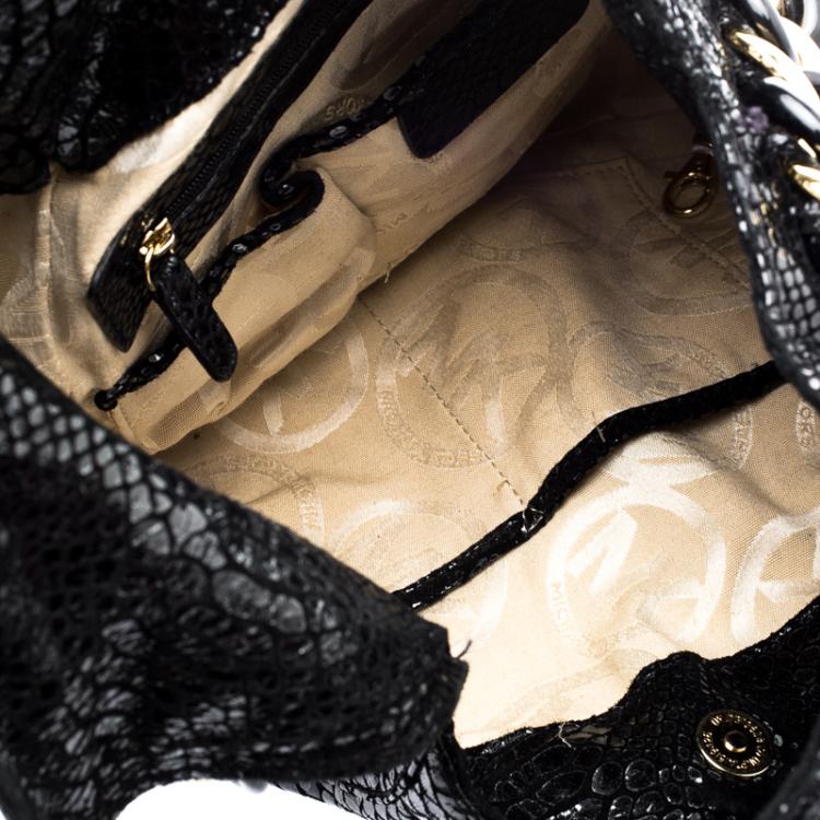 Pre Owned Michael Michael Kors Black Python Embossed Suede ID Chain Hobo