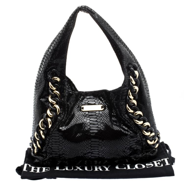 Pre Owned Michael Michael Kors Black Python Embossed Suede ID Chain Hobo