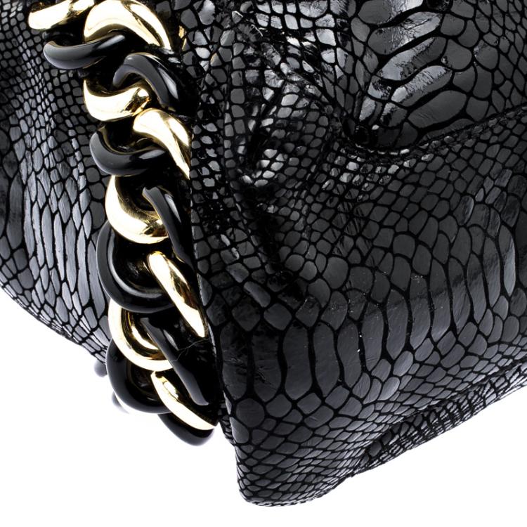 Pre Owned Michael Michael Kors Black Python Embossed Suede ID Chain Hobo