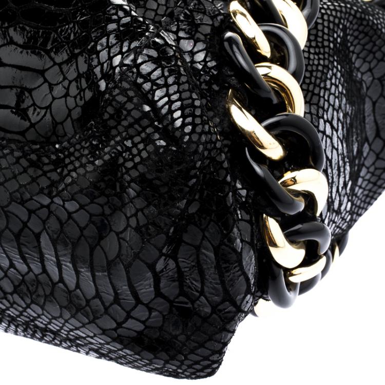 Pre Owned Michael Michael Kors Black Python Embossed Suede ID Chain Hobo