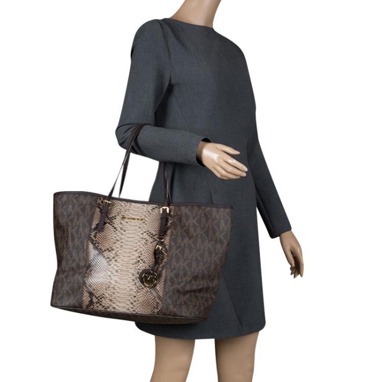 Pre Owned Michael Michael Kors Dark Brown Python Embossed Signature Leather Jetset Tote