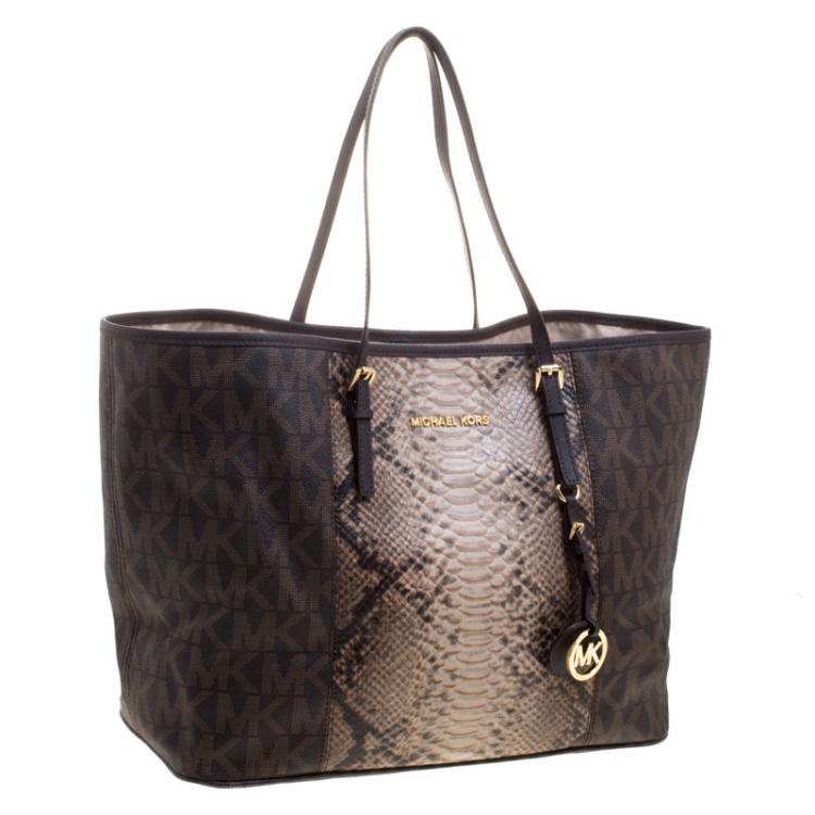 Pre Owned Michael Michael Kors Dark Brown Python Embossed Signature Leather Jetset Tote