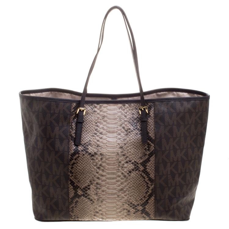 Pre Owned Michael Michael Kors Dark Brown Python Embossed Signature Leather Jetset Tote