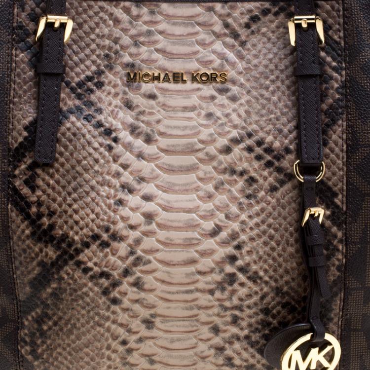 Pre Owned Michael Michael Kors Dark Brown Python Embossed Signature Leather Jetset Tote