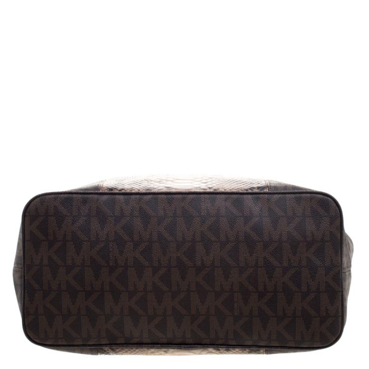 Pre Owned Michael Michael Kors Dark Brown Python Embossed Signature Leather Jetset Tote