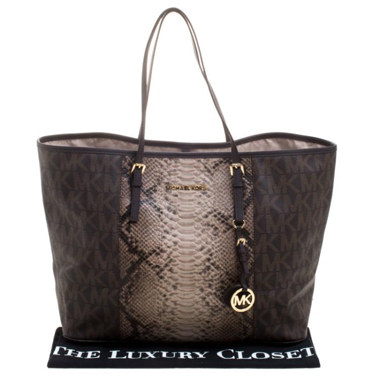Pre Owned Michael Michael Kors Dark Brown Python Embossed Signature Leather Jetset Tote