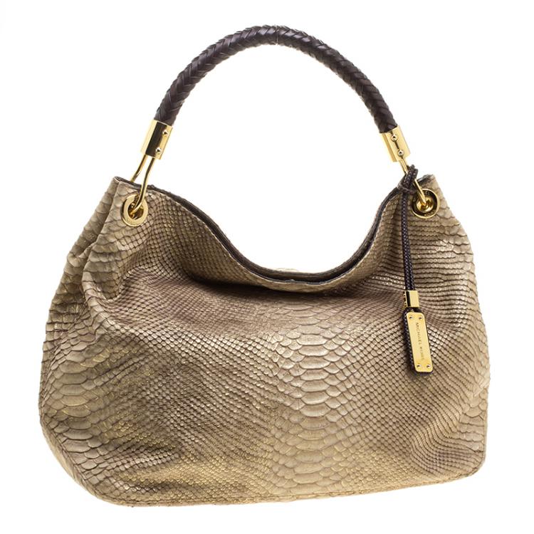 Pre Owned Michael Michael Kors Metallic Gold Python Embossed Leather Large Desert Skorpios Hobo