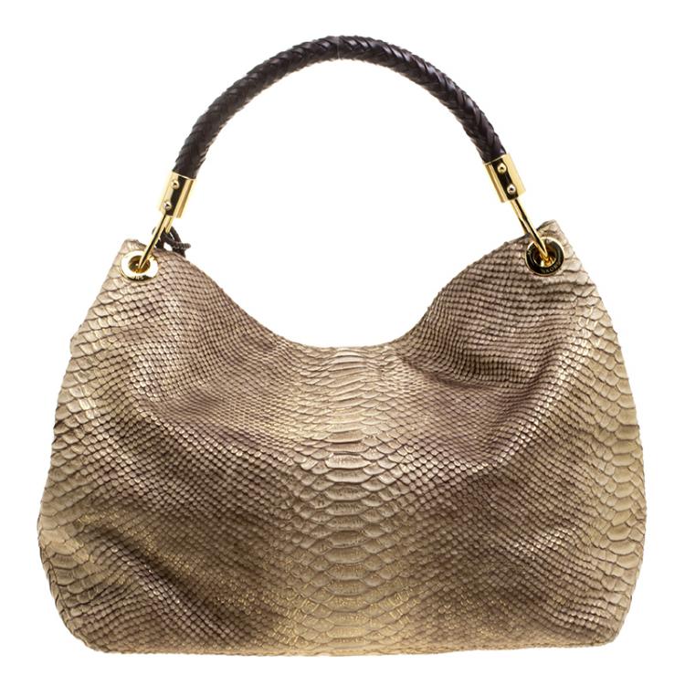 Pre Owned Michael Michael Kors Metallic Gold Python Embossed Leather Large Desert Skorpios Hobo