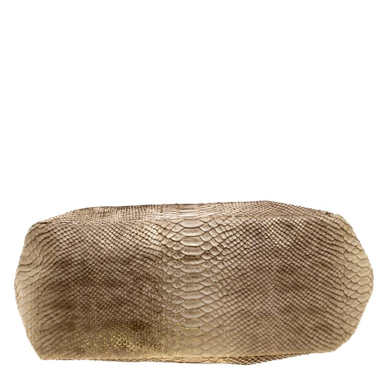 Pre Owned Michael Michael Kors Metallic Gold Python Embossed Leather Large Desert Skorpios Hobo