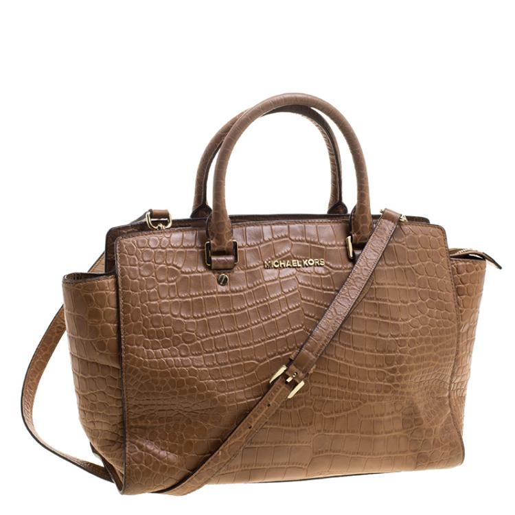 Pre Owned Michael Michael Kors Brown Croc Embossed Leather Medium Selma Tote