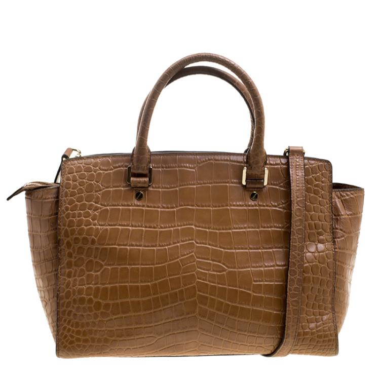 Pre Owned Michael Michael Kors Brown Croc Embossed Leather Medium Selma Tote