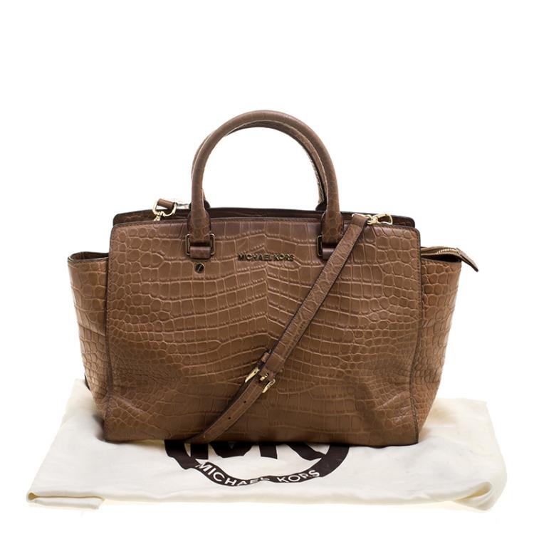 Pre Owned Michael Michael Kors Brown Croc Embossed Leather Medium Selma Tote