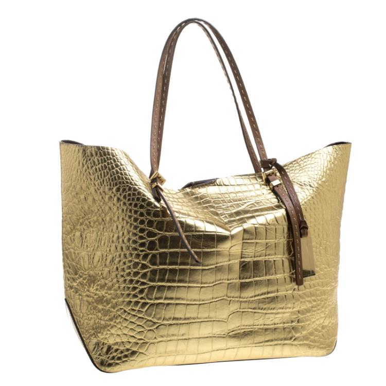 Pre Owned Michael Michael Kors Metallic Gold Croc Embossed Leather Gia Tote