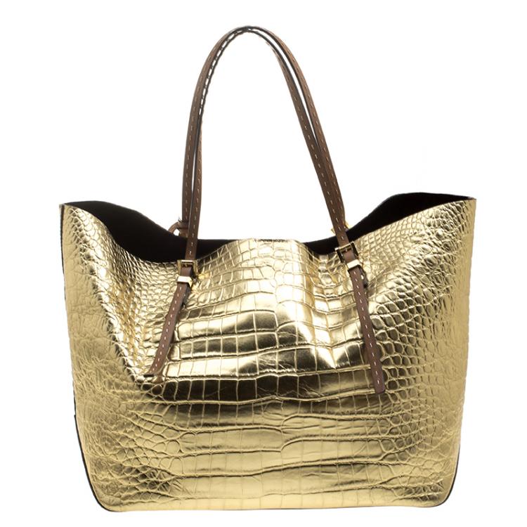 Pre Owned Michael Michael Kors Metallic Gold Croc Embossed Leather Gia Tote