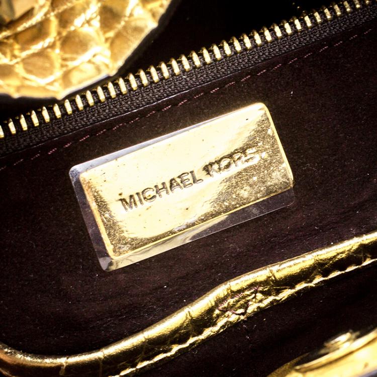 Pre Owned Michael Michael Kors Metallic Gold Croc Embossed Leather Gia Tote