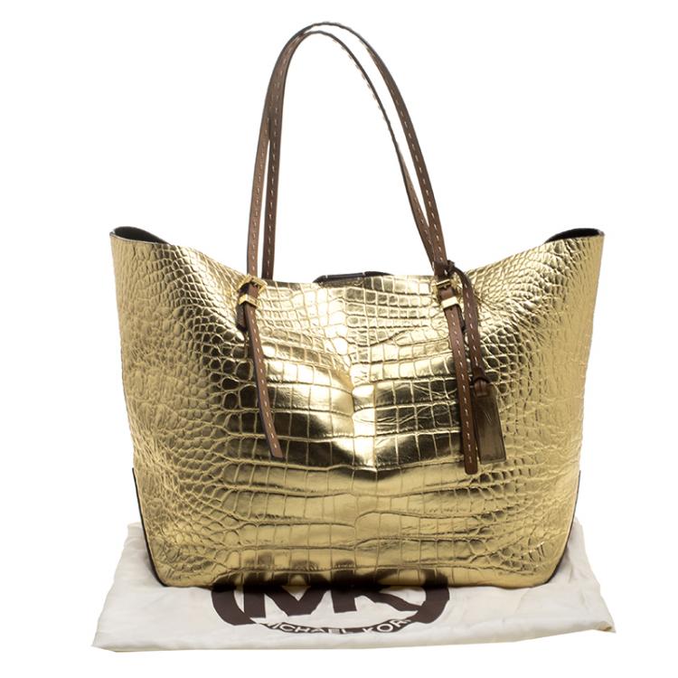 Pre Owned Michael Michael Kors Metallic Gold Croc Embossed Leather Gia Tote