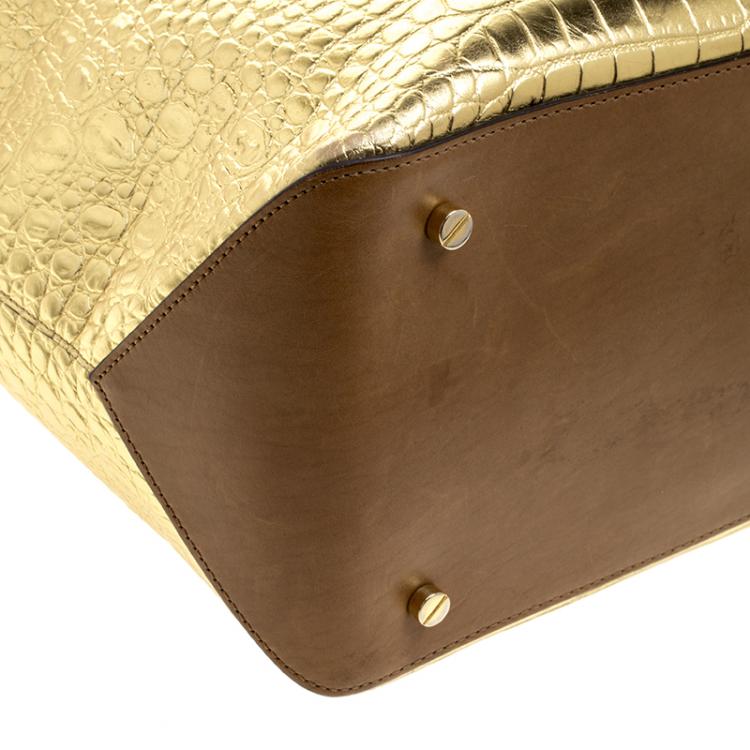 Pre Owned Michael Michael Kors Metallic Gold Croc Embossed Leather Gia Tote