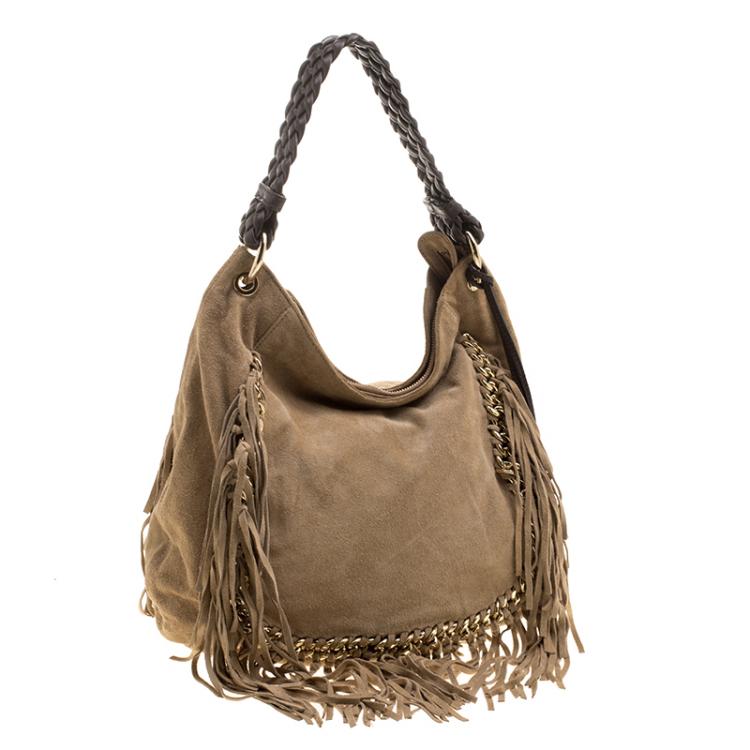 Pre Owned Michael Michael Kors Camel Suede Vienna Fringe Hobo