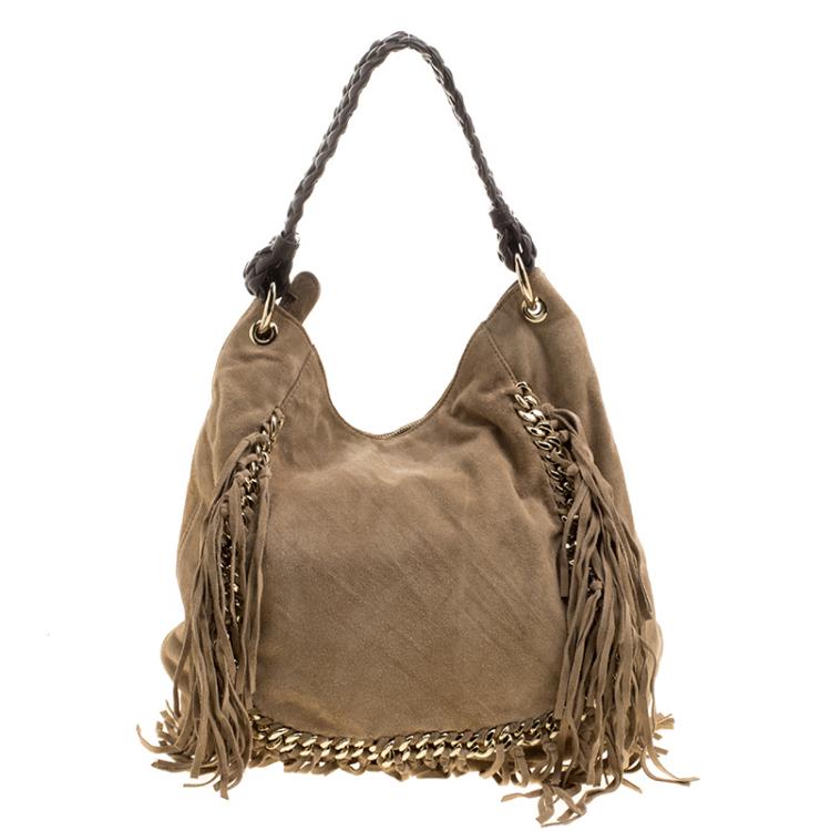 Pre Owned Michael Michael Kors Camel Suede Vienna Fringe Hobo