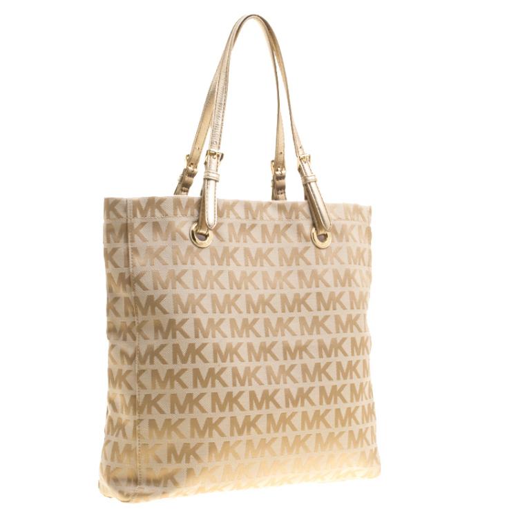 Pre Owned Michael Kors Beige/Gold Monogram Canvas and Leather Tote
