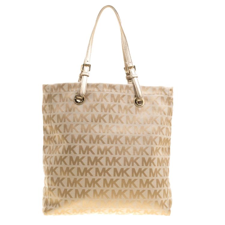 Pre Owned Michael Kors Beige/Gold Monogram Canvas and Leather Tote
