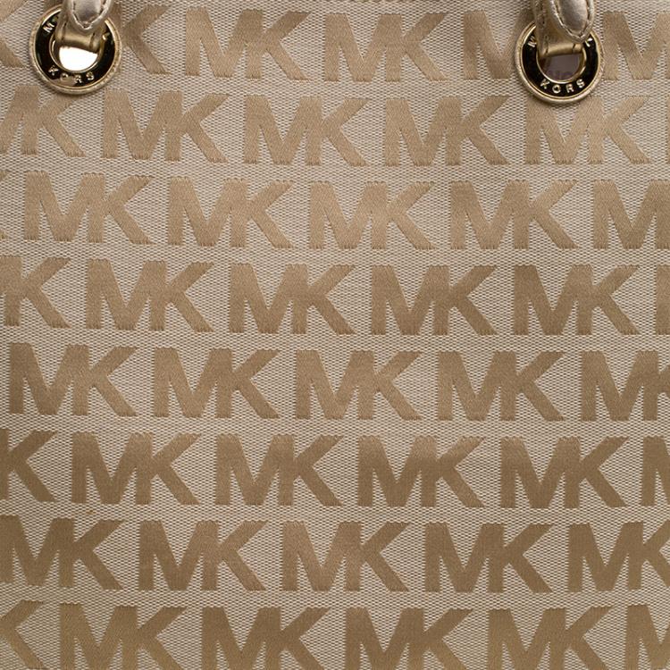 Pre Owned Michael Kors Beige/Gold Monogram Canvas and Leather Tote