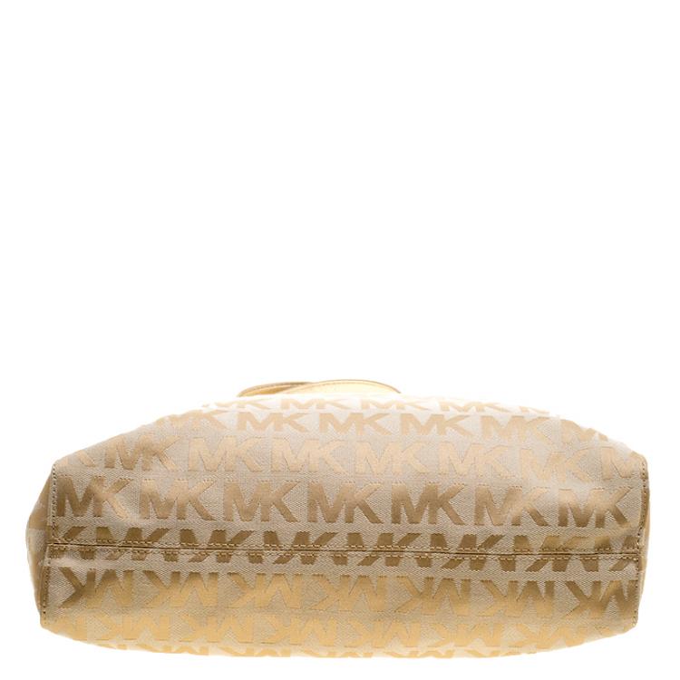 Pre Owned Michael Kors Beige/Gold Monogram Canvas and Leather Tote