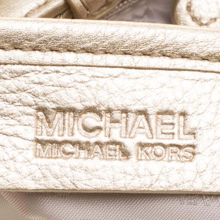 Pre Owned Michael Kors Beige/Gold Monogram Canvas and Leather Tote